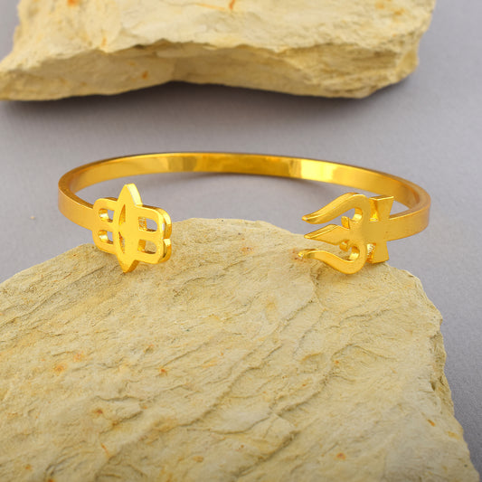 Gold-Plated Stainless Steel Kada – Shiva Trishul & Tripund Design Cuff Bracelet (KDDM3870)