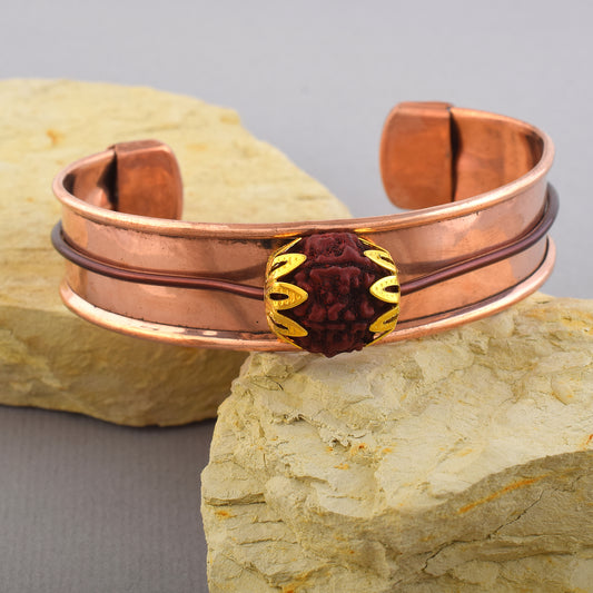Pure Copper Panchmukhi Rudraksha Kada – Adjustable 17mm Broad Cuff (KDNI8324)