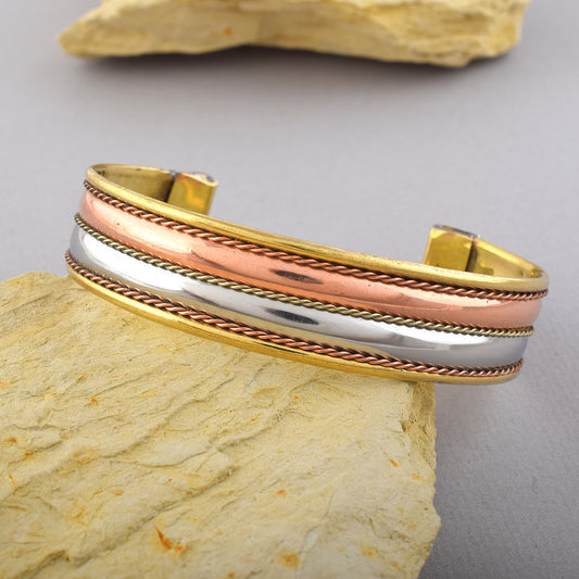 Tri-Metal Adjustable Cuff Kada Bracelet Copper, Steel & Brass (KDNI8327)