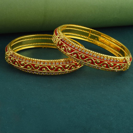 Brass 24KT Micron Gold Red Meenakari with Imitation Diamond Traditional Bangle set (KDVK2305)