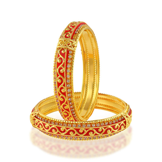 Brass 24KT Micron Gold Red Meenakari with Imitation Diamond Traditional Bangle set (KDVK2305)