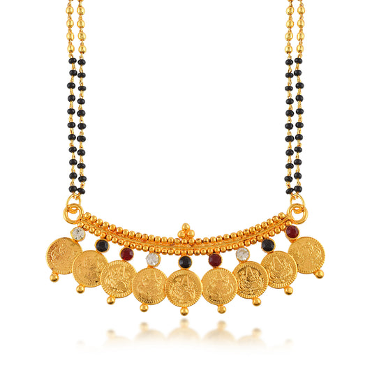 Gold plated 9 coin Laxmi & multi color CZ studded Mangalsutra (MSSV1114)