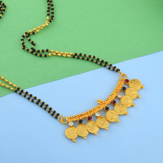 Gold plated 9 coin Laxmi & multi color CZ studded Mangalsutra (MSSV1114)