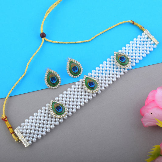 Peacock Motif Pearl Choker Necklace Set for Women (NSKL7800)