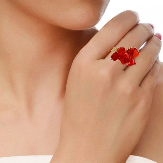 Gold plated Red CZ cubes studded Stylish high fashion free size ring for Women
