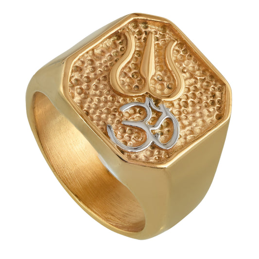 Brass Gold plated thick heavy OM Trishul dual tone finger ring Men (ORAJ3201)
