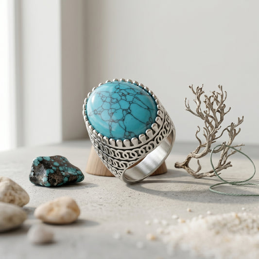 Brass Silver Natural Turquoise Firoza finger ring for Men (ORMI5791)