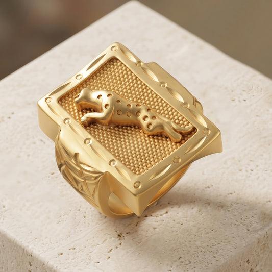 Micron 22K Gold Plated Brass Jumping Jaguar Tiger Leopard Signet Luxe hand crafted high fashion finger Ring (ORSV1041)