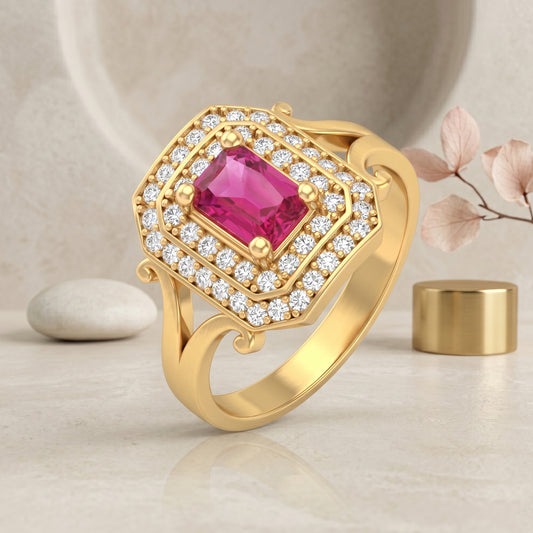 Brass 22KT Micron Gold Plated Natural Ruby & Imitation Diamond Studded Cocktail Finger Ring (ORSV1668)