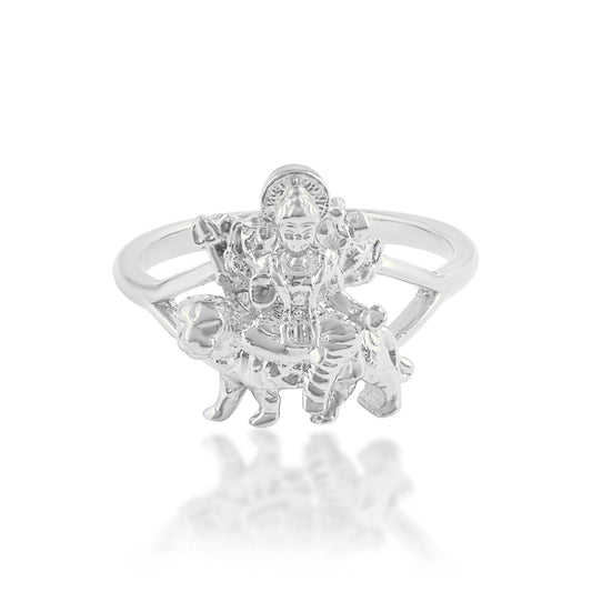 Brass Silver plated Sherawali Ma durga hindu goddess finger ring (ORUP4546)