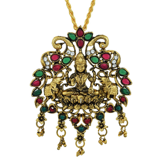 Antique Gold finish Meenakari CZ Lakshmi chain necklace pendant for Women (PCKL7628)