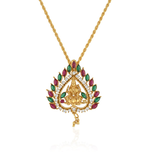 Brass Antique finish Natural Ruby Emerald Imitation Diamond Lakshmi pendant (PCKL7629)