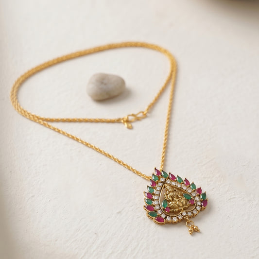 Brass Antique finish Natural Ruby Emerald Imitation Diamond Lakshmi pendant (PCKL7629)