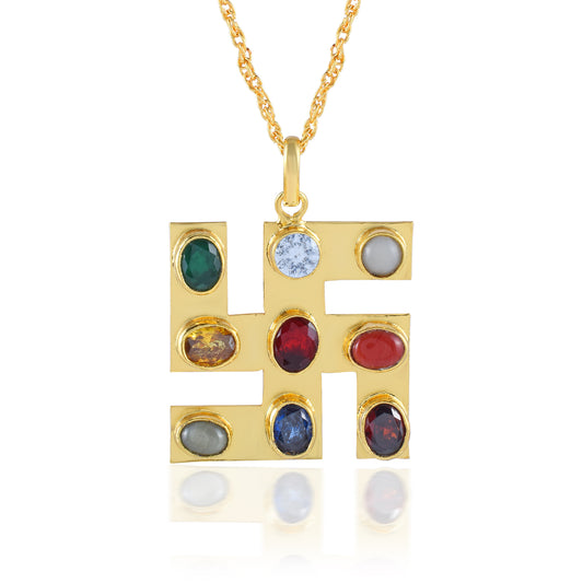 ๐๏ธ Navratna Swastika Pendant in Gold โ Divine Harmony & Cosmic Protection (STRR3502)