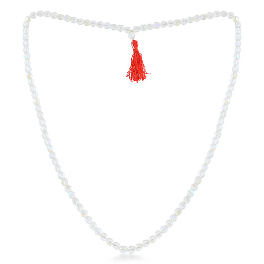 Crystal Mala Prayer Beads, 108 White Beads with Red Tassel (RBNI8313)