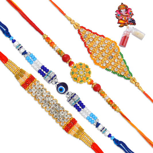 Handmade designer CZ & Evil Eye Rakhi set combo (Pack of 4) RKSC0077