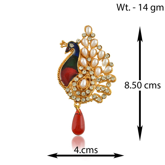 Brass Gold plated Pearls and Meenakari Peacock design Saree Pin Brooch (SPDM3787)