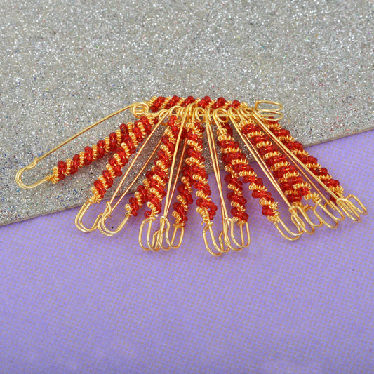 Gold Plated Plated Brass Wired Red Beads Set of 12 Clip on Pin