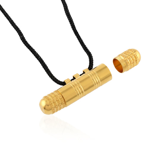 Premium Brass Gold-Plated Tabeej Pendant with Black Silk Thread | Cylindrical Openable Taveej Amulet (TZMI8323)