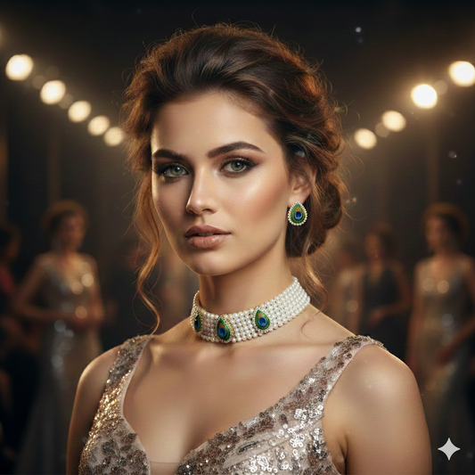 Peacock Motif Pearl Choker Necklace Set for Women (NSKL7800)