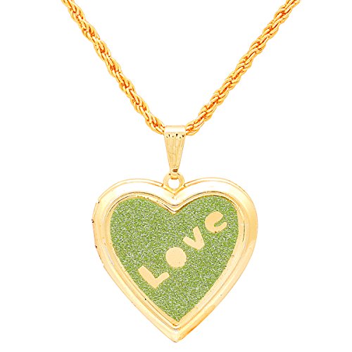 Gold plated Green Drussy Foil, Love embossed, openable Heart Locket pendant