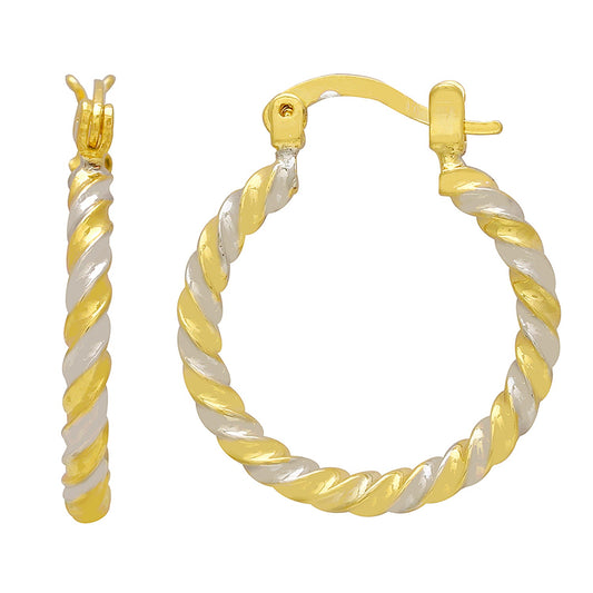 Gold and Silver plated Dual tone Brass Rope design hoop bali earrings