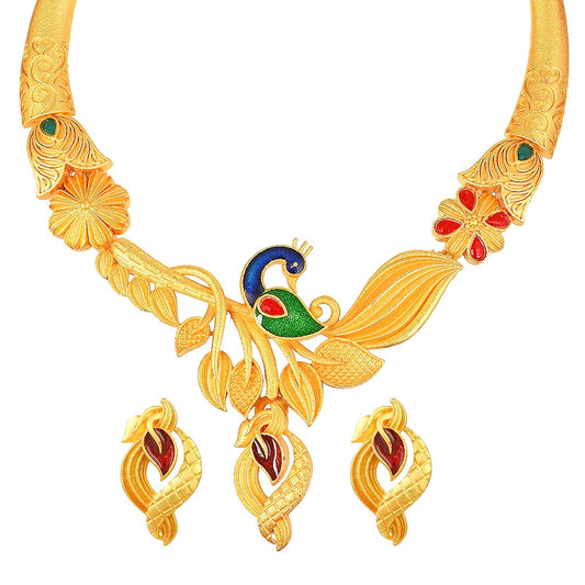 Brass Gold forming Rasrawa & Meenakari Peacock design Traditional Necklace set Women