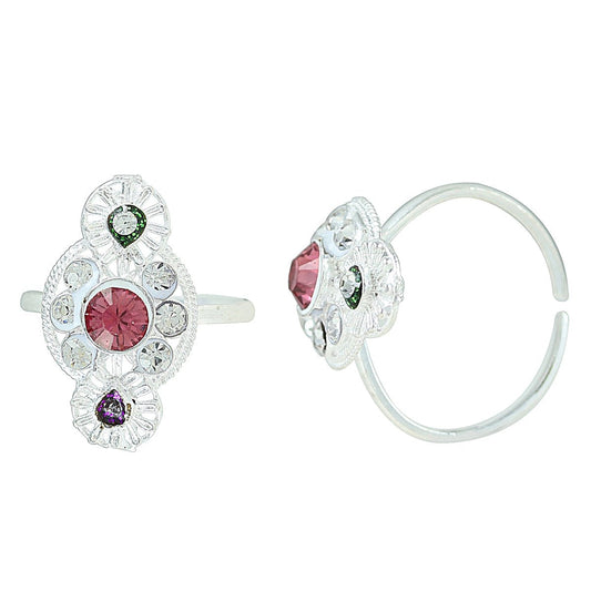 Silver plated Purple Stone, CZ studded Flower design Fligree Toering