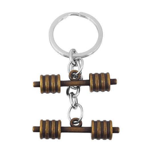 Brass Gold plated Bench Press Double Dumbell Gym Hardwork Keychain Fashion Keyring