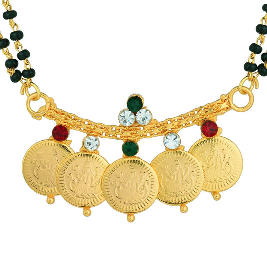 Gold Plated Lakshmi,Multicolor CZ Studded 5 Coin Laxmi Ginni Mangalsutra