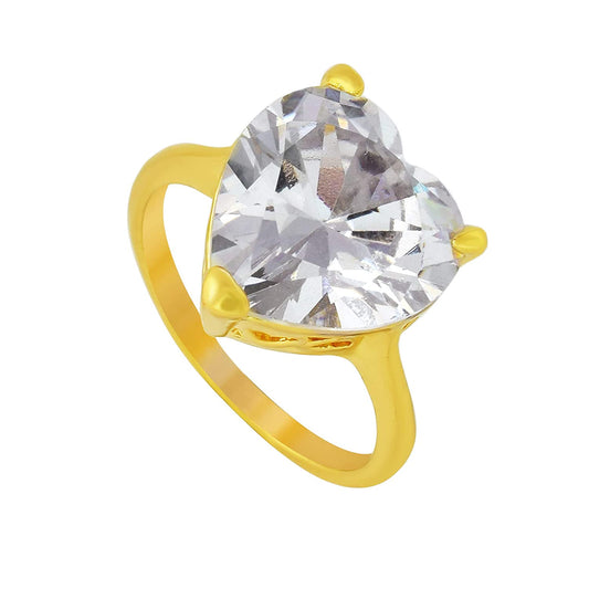 Gold plated, white Cubic Zirconia (CZ), facetted, Heart shape free size, fashion finger ring