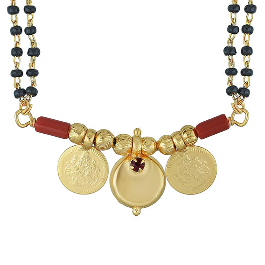 Gold plated Two Lakshmi and One Wati with Red CZ, Traditional Mangalsutra