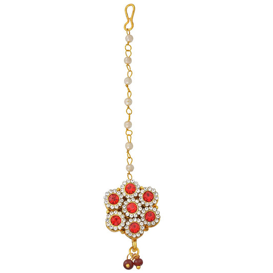 Gold plated Red and White CZ Traditional Mang Tika Women hair accessory