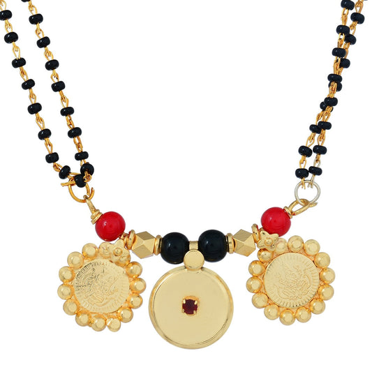 Lakshmi Gold Plated 3 Coin, Ruby Colour Stone Studded, Laxmi Coin & Double Waati Thali Tanmaniya Necklace