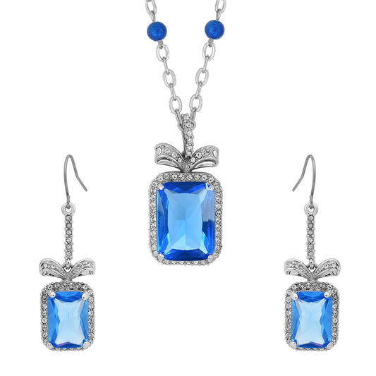 Platinum Plated London Blue shade Titanic Blue facetted Octagon Cut, White CZ studded with matching earring, Stylish designer Fashion necklace set