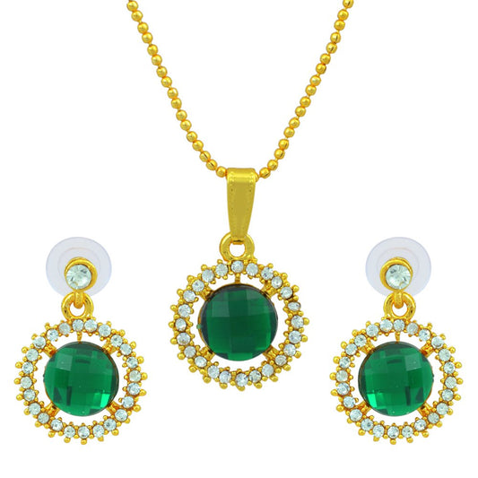 CZ studded Emerald Green Stone Pendant Set