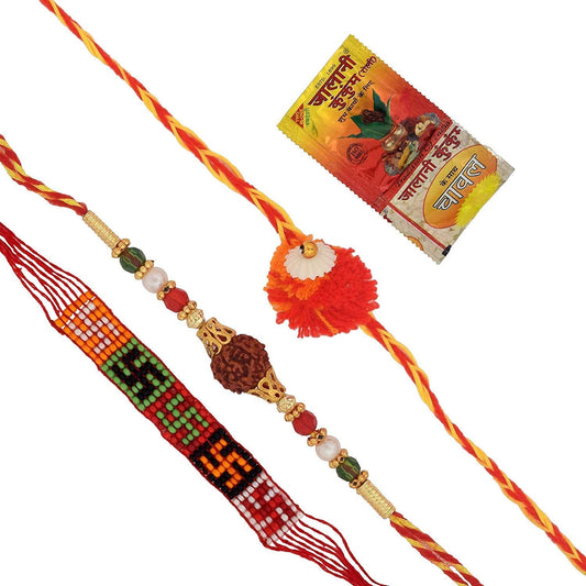 Cotton Fabric Combo of 3 traditional Rakhi for Bhaiya Bhabhi stylish Latest (Pack of 4 Items)