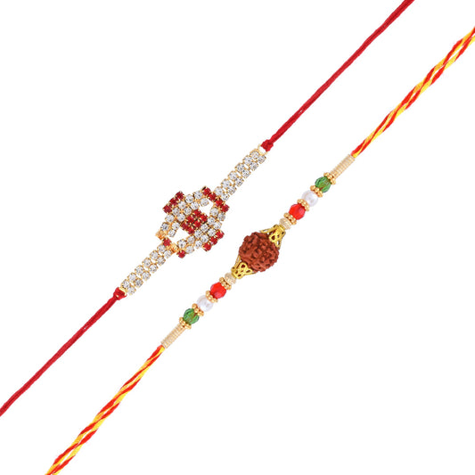 Silver Goldplated White and Red CZ Rakhi + Real Panchmukhi Rudraksh Rakhi Set for Bhai Bhabhi (Pack of 2)