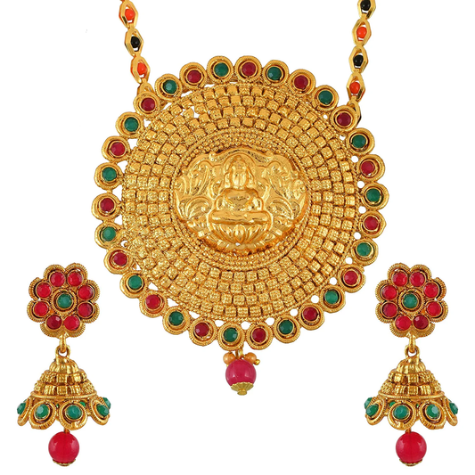 Brass Gold plated, Rasrawa work, Big and Bold Lakshmi Necklace set