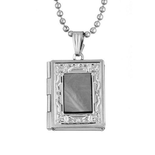 Silver plated Exquisite carving mirror finish book design openable photo locket chain pendant necklace