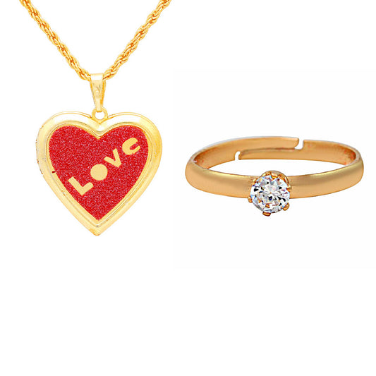 Gold plated Faux drussy Red heartshape photolocket and Gold plated CZ studded free size ring