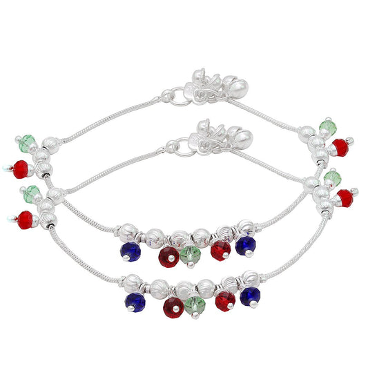 Silver plated Colourful Red, Blue & Green Hanging Drops Traditional Ghungroo charms beaded pajeb payal Anklet for Women