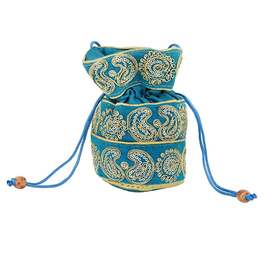 Silky Satin, Firozi (Turquoise) handmade Zari Work Ethnic Potli handbag Women