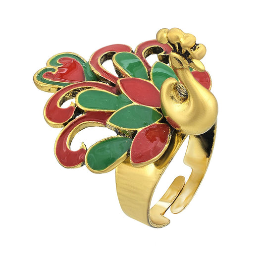 Gold plated, Designer created, Pachikari Work, Red and Green Peacock shape, 3D, latest Fashion Finger ring