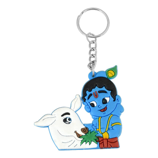 PVC Bal krishna Feeding cow Hindu Keychain Spiritual Keyring God