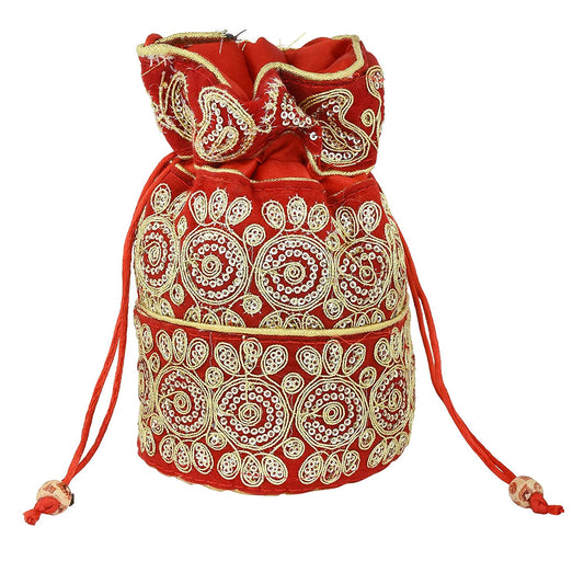 Silky Satin Traditional Red handmade Zari Work Ethnic Potli handbag Women