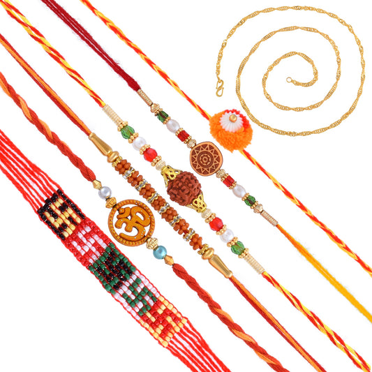 Handmade Rakhi Set for Bhaiya and Bhabhi 6 types for Rakshabandhan with free Goldplated Chain