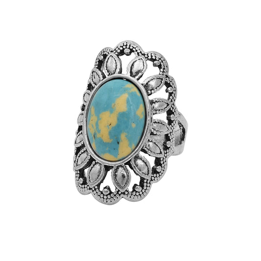 Oxidised Silver plated, Faux (Imitation) Turquoise Firoza Filigree finger ring