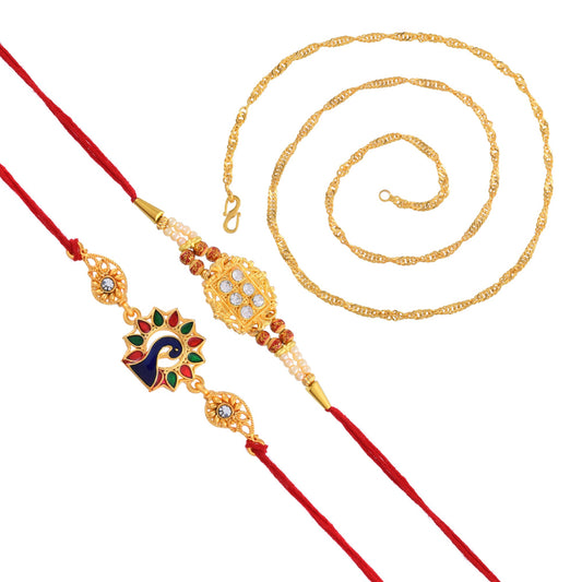 Brass Goldplated Handmade CZ two Rakhi combo with 22 Inch Brass Goldplated chain for Bhai and Bhabhi for Rakshabandhan festival