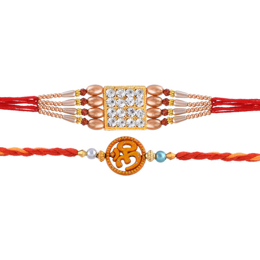 Goldplated Imitation Diamond and OM Rakhi Set for Bhaiya Bhabhi (Pack of 2)